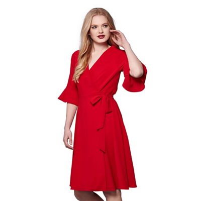 Red trumpet sleeves wrap dress